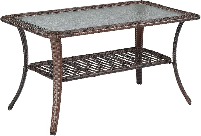VINGLI Outdoor Coffee Table with Storage Wicker Patio Coffee Table, Tempered Glass Top Coffee Table for Patio Outside Balcony Porch Deck (Brown) - Image 7