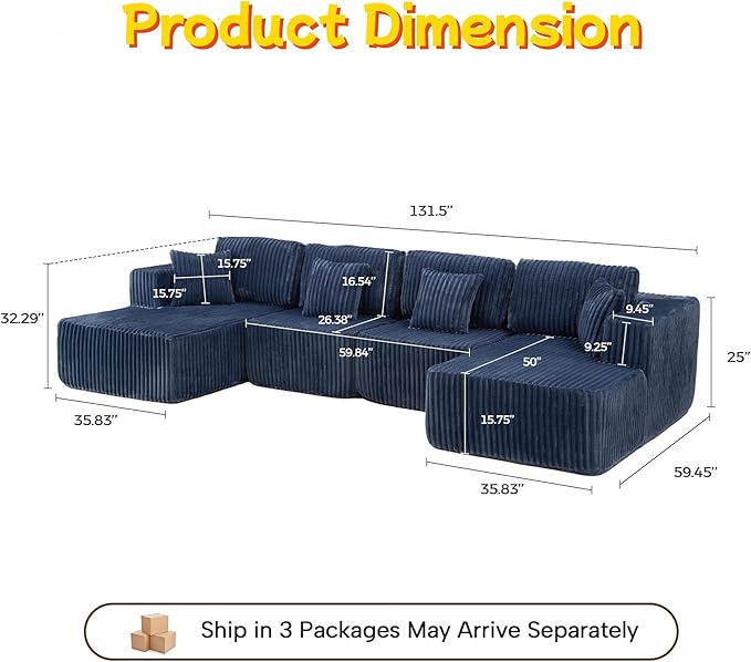 132" U Shaped Boneless Couch, Cloud Sectional Modular Sofa with Double Chaise Lounge, Corduroy Cloud Couch with Pillows & Deep Seat, Boneless Sofa for Living Room, Blue