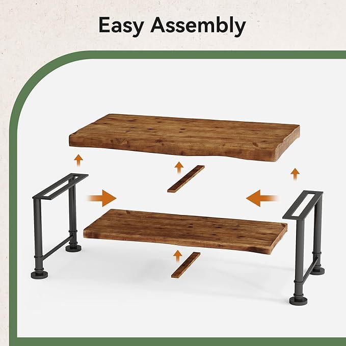 47" Coffee Table, Farmhouse Solid Wood Accent Center Table with 2-Tier Live Edge Shelf & Metal Legs, Rectangular Low Cocktail Tea Furniture for Living Room, Lounge, Brown and Black