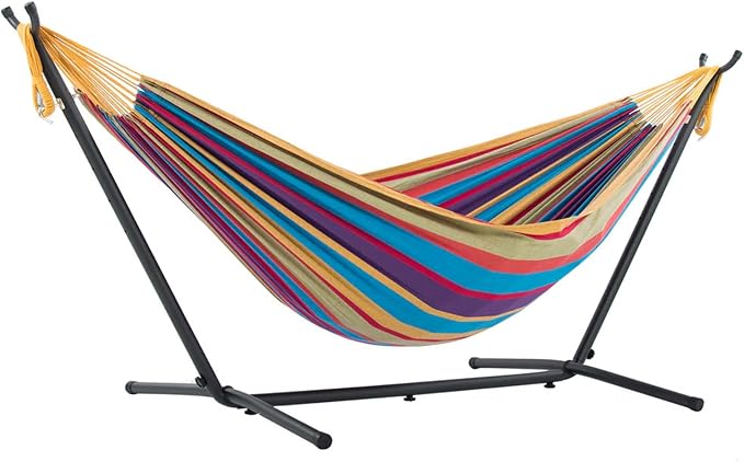 Vivere Double Cotton Hammock with Space Saving Steel Stand, Upgraded Polyester End Strings 450 lb Capacity - Premium Carry Bag Included - USA Grown Cotton (Tropical) by Vivere
