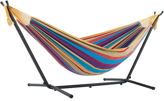Vivere Double Cotton Hammock with Space Saving Steel Stand, Upgraded Polyester End Strings 450 lb Capacity - Premium Carry Bag Included - USA Grown Cotton (Tropical) by Vivere