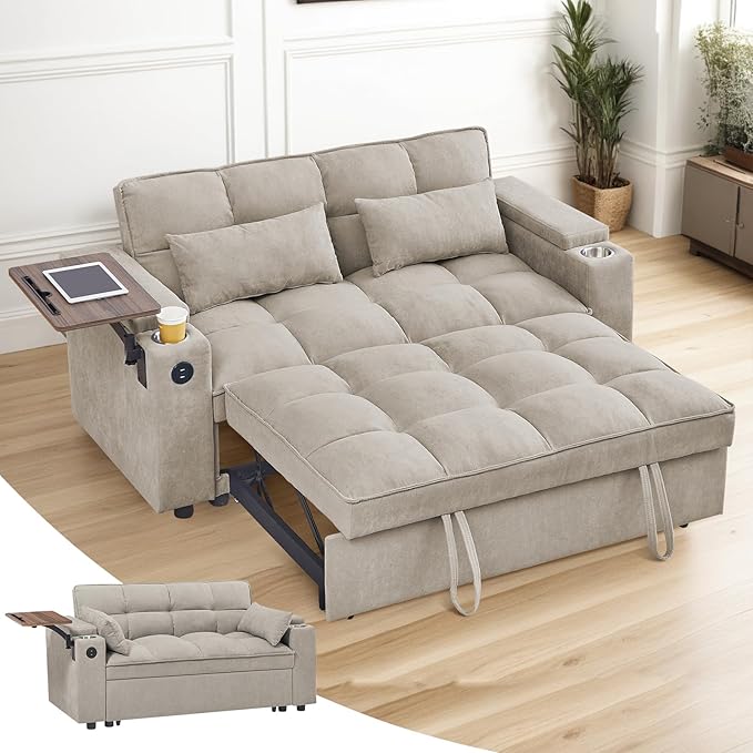 3 in 1 Sofa Bed, 65 Inches Convertible Loveseat Sleeper with Side Table, Pull Out Couch with 3 Level Adjustable Backrest, Chaise Lounge with USB and Type-C Ports for Living Room, Khaki