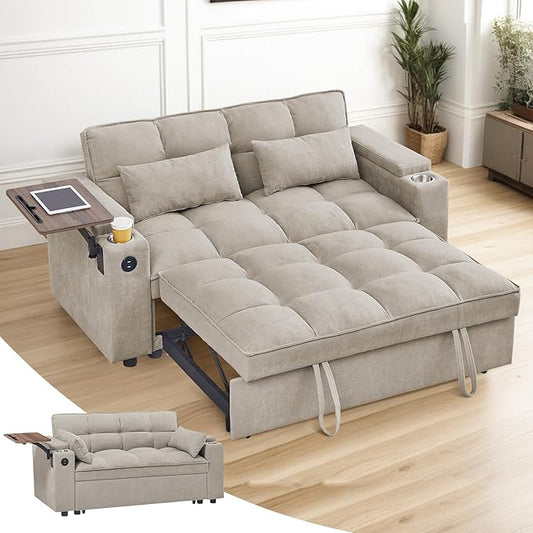 3 in 1 Sofa Bed, 65 Inches Convertible Loveseat Sleeper with Side Table, Pull Out Couch with 3 Level Adjustable Backrest, Chaise Lounge with USB and Type-C Ports for Living Room, Khaki