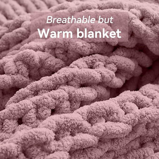 Negwoo Chunky Knit Throw Blanket, 30''*40'' Knitted Throw Chenille Yarn for Bed Couch, Handmade Muted Pink Crochet Big Thick Blanket, Machine Washable Cute Comfy Blanket for Home Decor