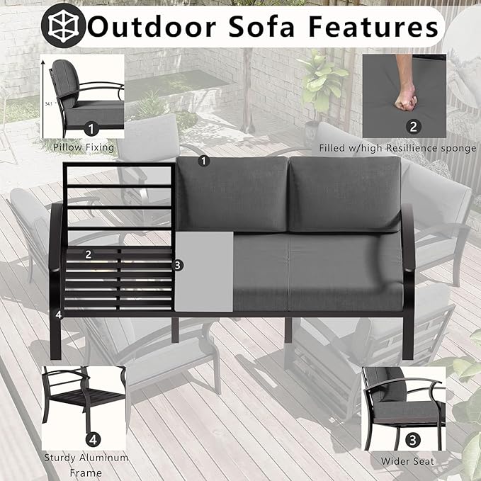 Aluminum Patio Furniture Set with Fire Pit Table, 7 Seats Outdoor Patio Conversation Sets with Swivel Chair Modern Metal Sectional Sofa with Upgrade Cushions for Patio, Backyard - Grey