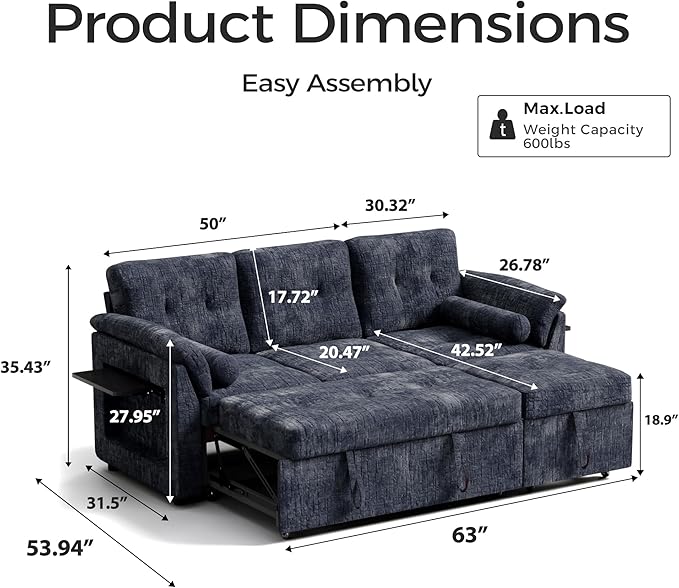 3 in 1 Convertible Sofa Bed, Chenille Pull Out Couch with Side Table, 3 Seat Pull Out Sofa Bed with Level Adjustable Backrest, Comfy Sleeper Sofas for Living Room, Apartment, Blue
