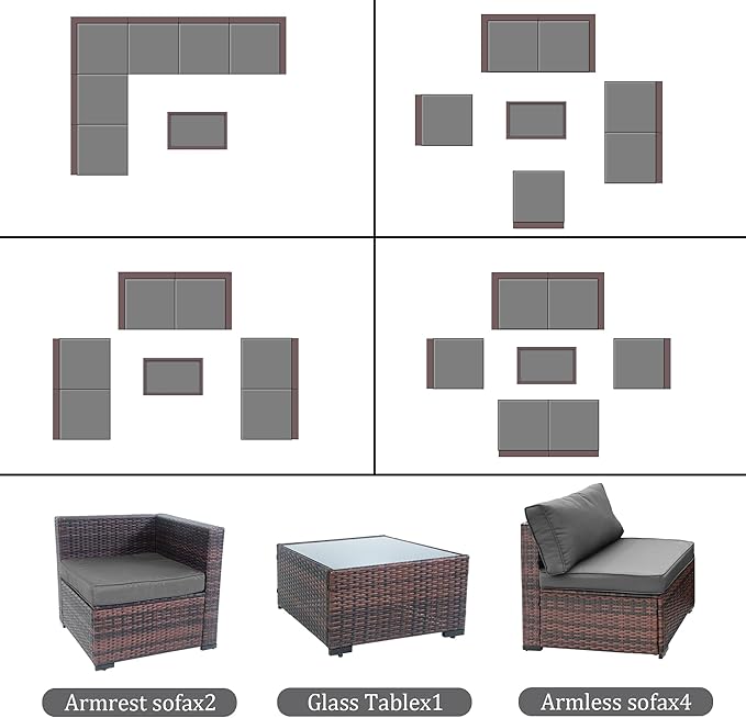 7 Piece Outdoor Patio Furniture Set, Rattan Weather-Resistant Outdoor Conversation Set, Outside Furniture Patio Sectional Sofa Set with Thick Cushions and Coffee Table, Gray
