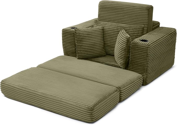 Eafurn 52.4" Oversized Chaise Lounge Indoor with Foldable Ottoman Convertible Boneless Sleeper Sofa Bed, Deep Seat Lounge Chair with Cup Holder & Side Pocket, No Assembly for Living Room | Breathable material, Cupholders