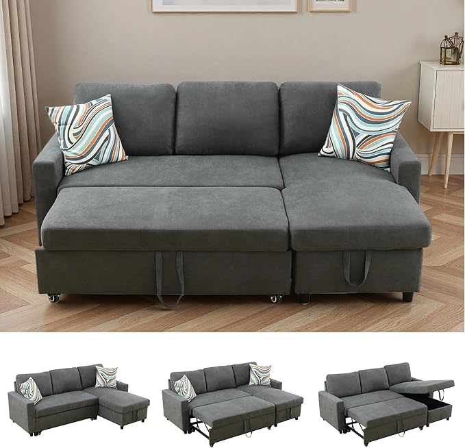83 Inch Pull Out Couch, Convertible Sofa Bed for Living Room, Comfortable Sleeper Sofa with Pull Out Bed, Modern Sectional Couches with Storage Chaise, Easy Assembly for Apartment, Dark Grey