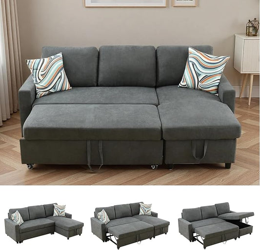 83 Inch Pull Out Couch, Convertible Sofa Bed for Living Room, Comfortable Sleeper Sofa with Pull Out Bed, Modern Sectional Couches with Storage Chaise, Easy Assembly for Apartment, Dark Grey