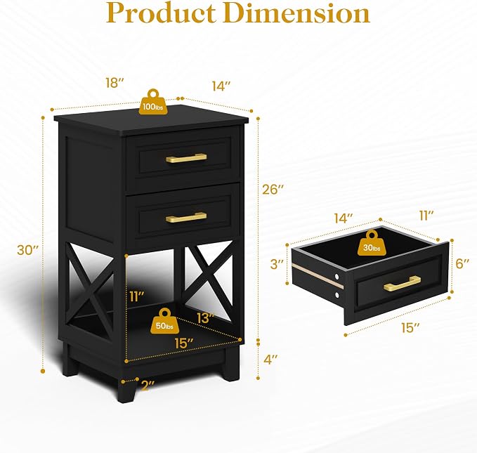 May in Color Black Nightstand Set of 2, Tall Side Table with 2 Drawers and Open Shelf, Bedside Table with Solid Feet, Modern End Table for Bedroom, Home Office, Black - Image 3