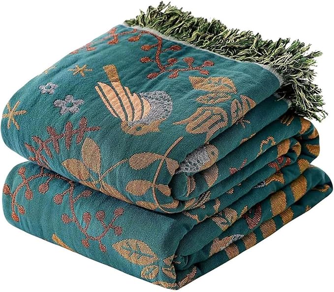 Boho Throw Blanket - 100% Cotton Soft Throw Blanket for Bed, 60"x80" Reversible Breathable Lightweight Spring Blankets, All Seasons Farmhouse Decor Floral Plant Throw Quilt