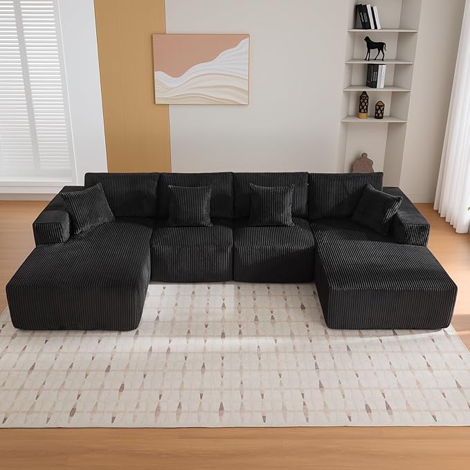 Cloud Boneless Couch 137" Modern Sectional U-Shaped Comfy No Assembly Required Convertible Compression Sleeper Modular Sofa with Corduroy Fabric Deep Seat Single + Chaise for Living Room