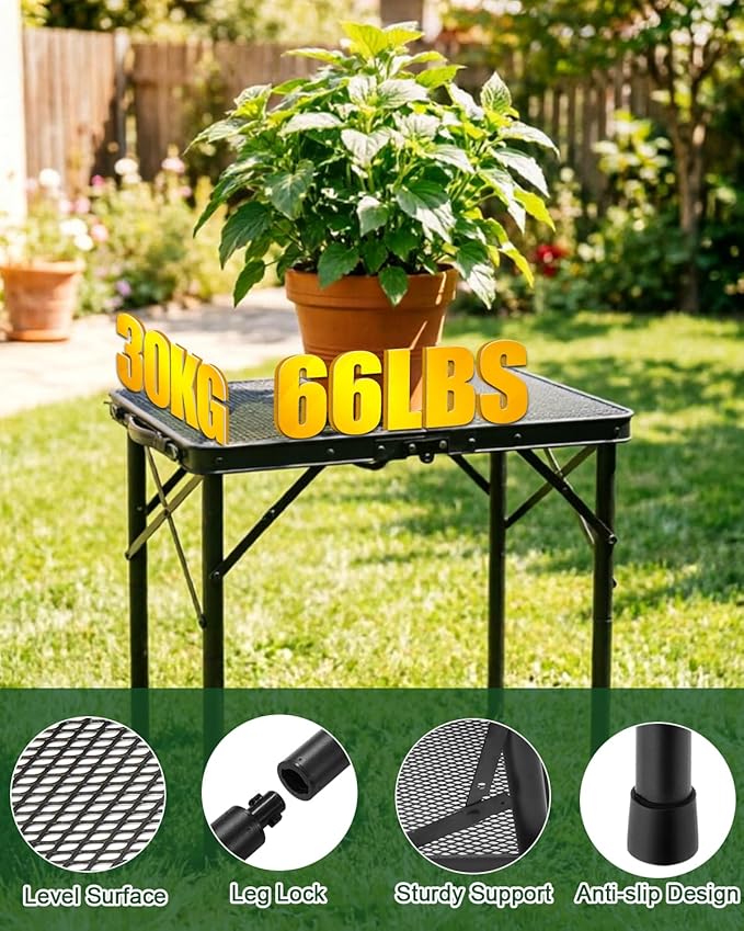 2Ft Small Folding Table with Carry Handle, Camping Table Adjustable Height 10.6–22 in, Black Metal Mesh, Portable & Compact for Outdoor/Indoor,Grill Table, 23.6×15.8 in, 4 lb, 66 lb Capacity - Image 6