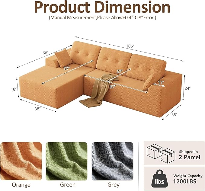 Ball & Cast Modular Cloud Sofa,106'' Chenille Sectional Couch with Wider Armrest and Pillow,Upholstered Convertible Comfy Sofa Couches for Living Room, No Assembly Required,Left Facing(Orange)
