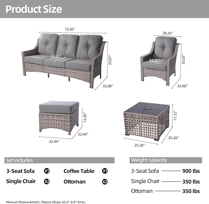 HOOOWOOO 6 Piece Patio Furniture Conversation Sets with Sola Light Table,Outdoor Wicker Furniture with Ottoman, All Weather Resistant Outside High Back Rattan Patio Set(Dark Grey Gray)