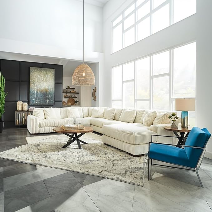 Signature Design by Ashley Lindyn Contemporary Left-Arm Facing 6-Piece Sectional with Chaise, Reversible Cushions, Armrest and Throw Pillows, White