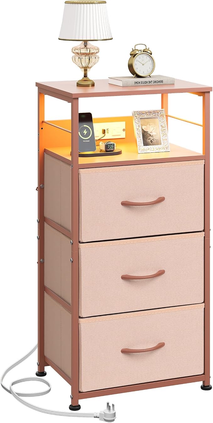 WLIVE Nightstand with Charging Station, 31.9" H Nightstand with 3 Fabric Drawers, LED Bedside Table with USB Ports and Outlets, End Table for Dorm, Bedroom, Entryway, Pink by WLIVE