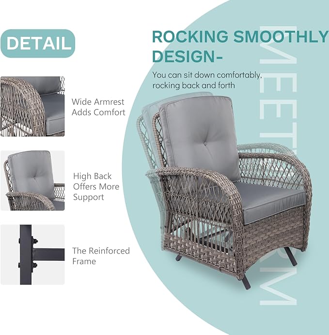 MEETWARM 4 Pieces Outdoor Wicker Patio Conversation Sets with Glider Loveseat, 2 Chairs with Glass-Top Coffee Table Wicker Rocking Glider Set, Wicker Conversation Set w/Thickened Cushions, Gray
