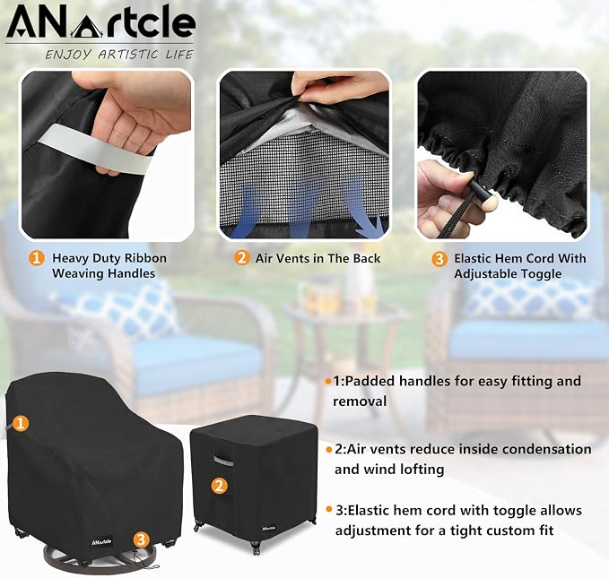 ANartcle 3 Pieces Patio Bistro Sets Cover,600D Waterproof Heavy Duty Patio Furniture Covers,Includes 2 Outdoor Swivel Chair Covers and 1 Patio Wicker Side Table Cover(Black) - Image 5