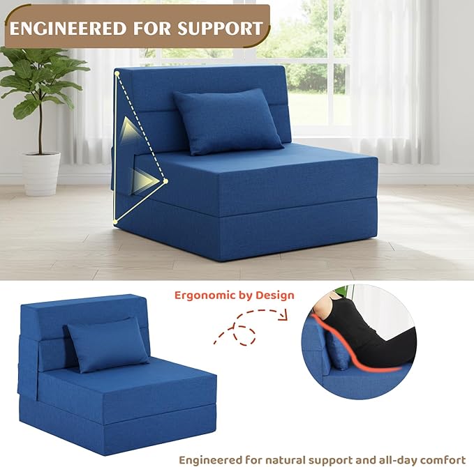 Folding Sofa Bed, Foldable Sleeper Chair with Pillow, Convertible Fold Out Chair Bed with Washable Cover, Foldable Mattress for Living Room, Bedroom, Guest Room, Single Size, Blue