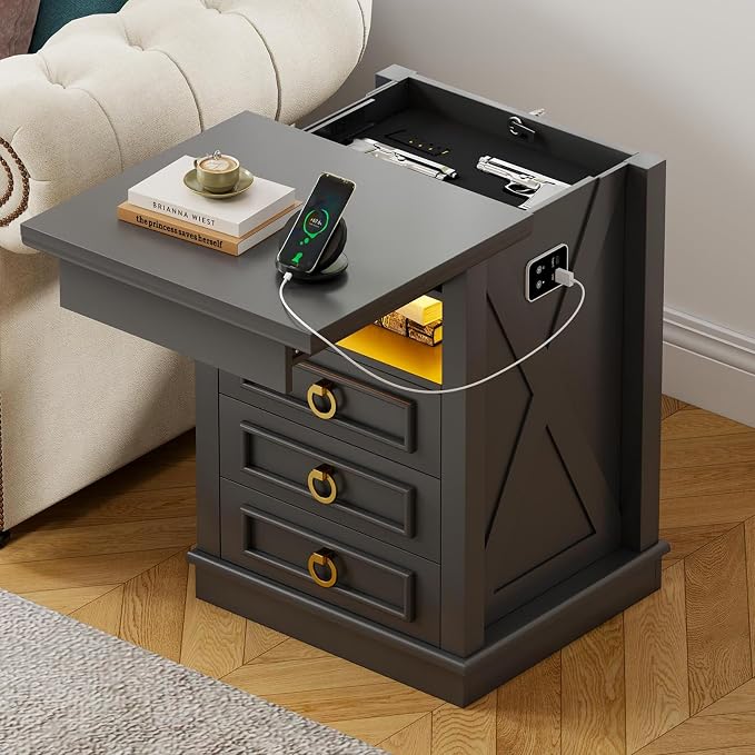 HNEBC Set of 2 Smart Night Stand with Gun Drawer,LED Nightstand with Charging Sation,Bedside Table with 3 Color Lights,End Table with Glass Desktop,3 Drawers,Bedroom,Black - Image 3