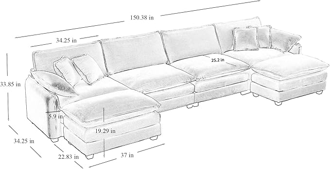 KEIKI 150" U-Shaped Oversized Corduroy Modular Sectional Sofa with 2 Ottoman, High-Density Foam Cushions, Removable Armrests, Upholstered 4-Seater Corner Couch with 6 Pillow, for Living Room, Tan