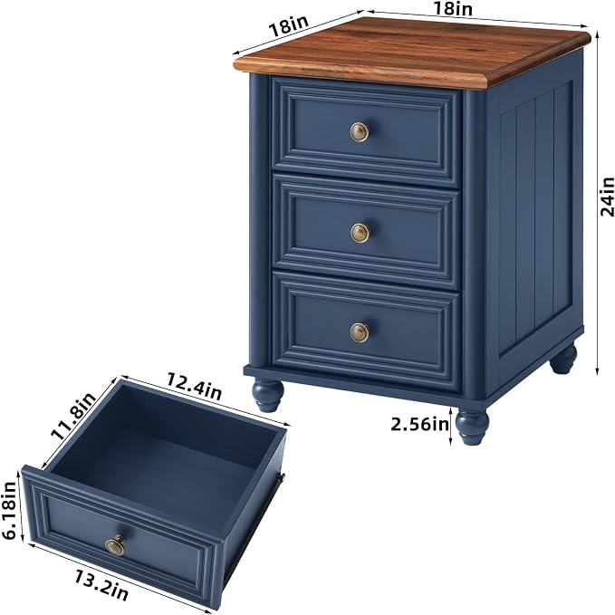 RWYHG 18" Farmhouse Night Stand, Blue Wood Nightstand with 3 Drawers, Bedside End Table with Storage and Roman Column, Bed Side Tables Cabinet for Bedroom, Living Room, and Closet - Image 2