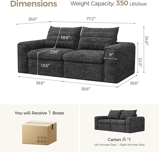 77" Cloud Loveseat Sofa, Deep Seat Couch with Pillows, Modern Comfortable Upholstery Boneless Sofa, 1 piece for Living Room, Bedroom, Apartment, Removable Cover，No Assembly Required, Dark Gray
