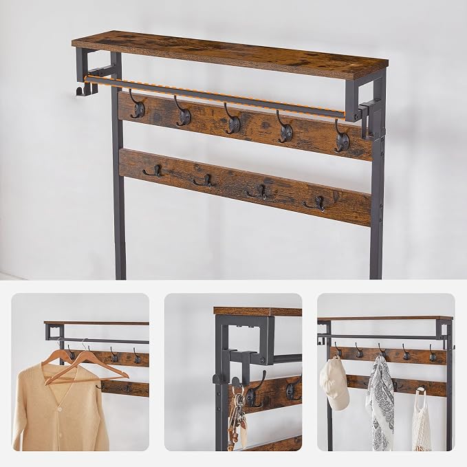 HOOBRO Hall Tree with Bench, Entryway Coat Rack with Shoe Rack, Shoe and Coat Rack, 5 Tier Shoe Storage Organizer with Oxford Fabric Side Pockets, Adjustable Mesh Shelves, Rustic Brown BF75MT01 - Image 8