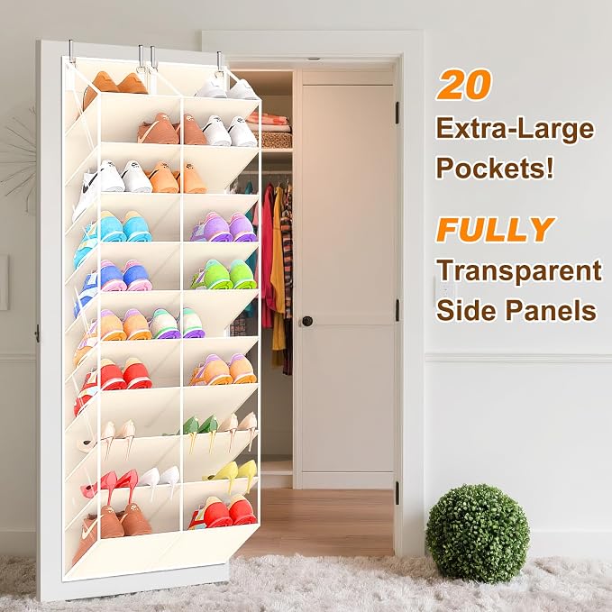 UVIAHOMI 20-30 Pairs Over the Door Shoe Organizer, Clear Pockets Hanging Shoe Storage for Closet, 10-Tier Door Shoes Rack, Handing Shoes Holder Fit All the Family's Sneakers, Boots, Heels, Beige - Image 3