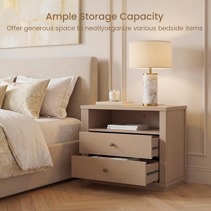 Night Stand Set of 2, Oversized Extra Large Nightstand with Charging Station, Tall Bedside Side Table with 2 Drawers Storage, Modern End Tables Wide Night Stands for Bedroom, White Oak - Image 5