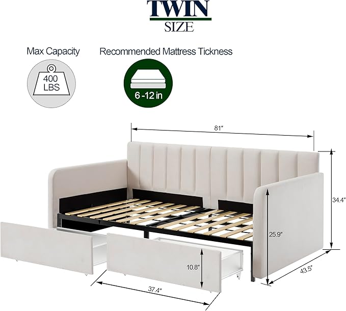 Christopher Knight Home Flora Twin Size Upholstered Daybed with 2 Drawers, Futon Sofa Bed with Storage, Lavish Design Ribbed Tufted Backrest, Couch Bed Frame for Bedroom Living Room, Beige Velvet