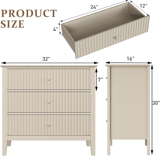 RoyalCraft Large 3 Drawer Dresser Set of 2, Fluted Wood Drawers for Bedroom, Modern Painted 30 inch Wide Nightstand for Bedroom, Entryway, Beige - Image 2