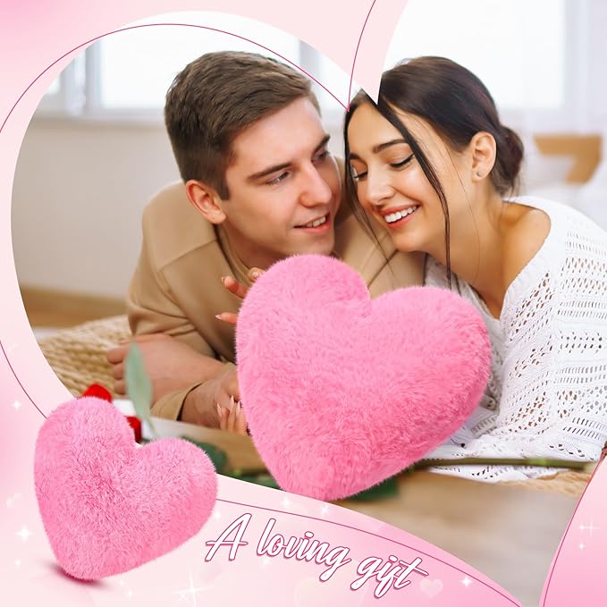 Marsui 2 Pcs Heart Throw Pillows, Soft Fluffy Faux Fur Decorative Hearts Shaped Pillows for Living Room Sofa Bed, Cute Heart Themed Gift for Women(Bright Pink,11.81 x 11.02 Inch)