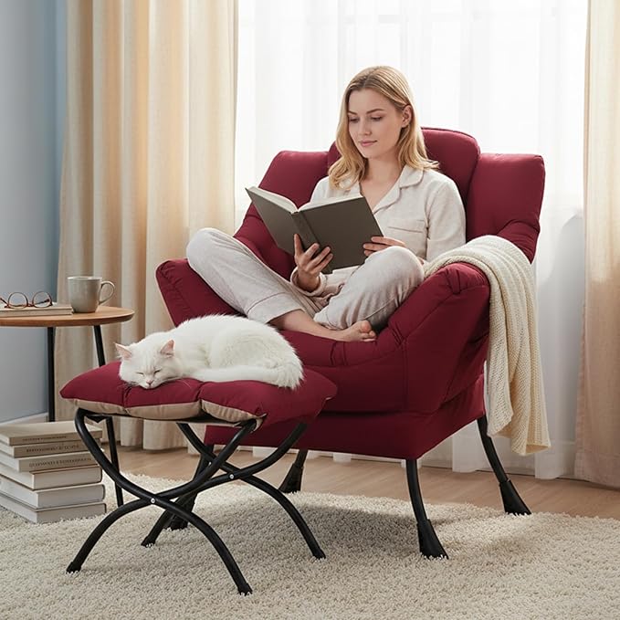 Lazy Chair and Ottoman, Large Burgundy Accent Chair with a Side Pocket, Modern Leisure Upholstered Reading Armchair with Footrest for Office, Bedroom, Living Room, Dorm Rooms, Balcony