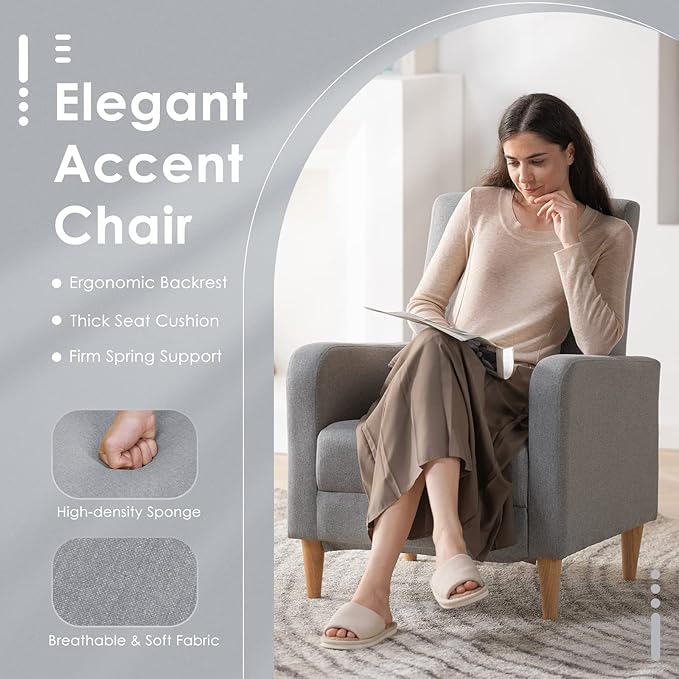 COLAMY Modern Upholstered Accent Chair Armchair with Pillow, Fabric Reading Living Room Side Chair,Single Sofa with Wood Legs, Light Grey