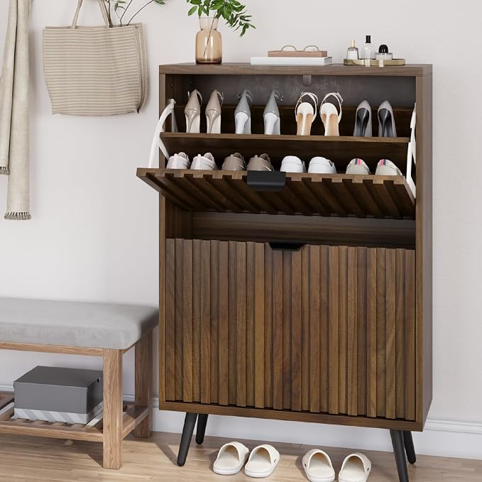 Smuxee Shoe Cabinet with 2 Flip Drawers, 23.6" Walnut Hidden Shoe Storage Cabinet with Fluted Design, Freestanding Shoe Organizer Cabinet for Entryway, Hallway, Closet, Living Room - Image 8