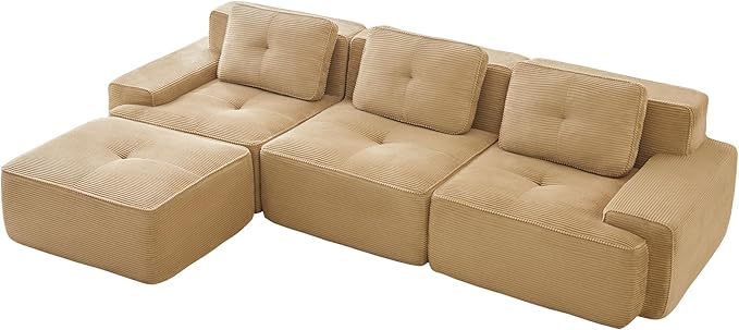 Casaphoria 115'' Boneless Sofa with Ottoman, 3-Seater Modular Couch with 3 Pillows for Living Room, L Shape Cloud Sectional Sofa, No Assembly, Camel