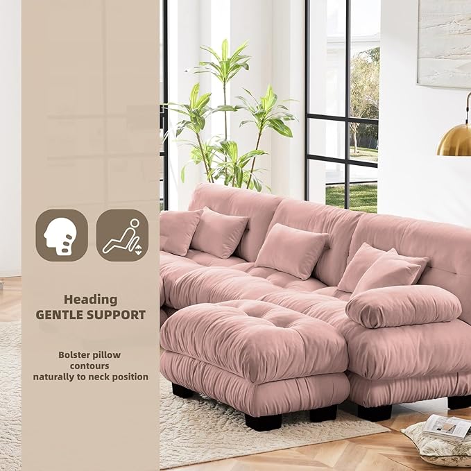 133.8" U-Shaped Cloud Couch, Oversized Modular Sectional Sofa, Deep Seat Cloud Boneless Couch, 3-Seat Modular Sectional Sofa with 2 Ottoman or Living Room,Bedroom and Apartment, Pink