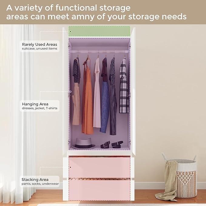 Wooden Armoire Wardrobe Closet with 2 Doors, 79" Bedroom Wardrobe with 2 Drawers, Cabinet for Clothes with Hanging Rod & Shelves, Freestanding Closets for Bedroom (White, 1)