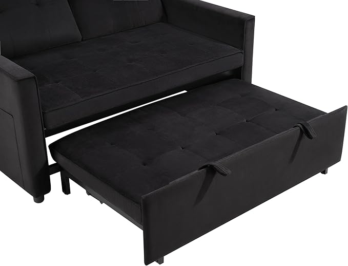 Casaphoria Pull Out Couch Bed, 3-in-1 Convertible Sleeper Sofa with Adjustable Backrest, Velvet Futon Loveseat with Side Pockets for Small Spaces, Living Room & Guest Room (Black)