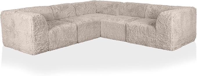 Furniture of America Havyn Modern Faux Fur 5-Seater L-Shaped Modular Foam Sectional Sofa, Compressed Couch in a Box, No Assembly Required, for Living Room and Office, Taupe
