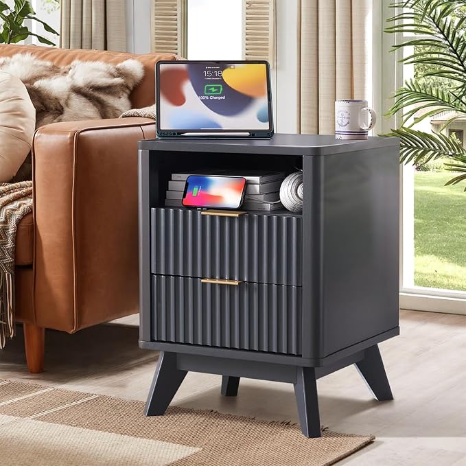 Fluted Nightstand - 24" Modern Bedside Table w/ 2 Drawers, Wood Bed Side End Table with Open Shelf, Night Stand with Storage Drawer, Curved Design Night Stands for Bedroom Living Room (Black) - Image 7