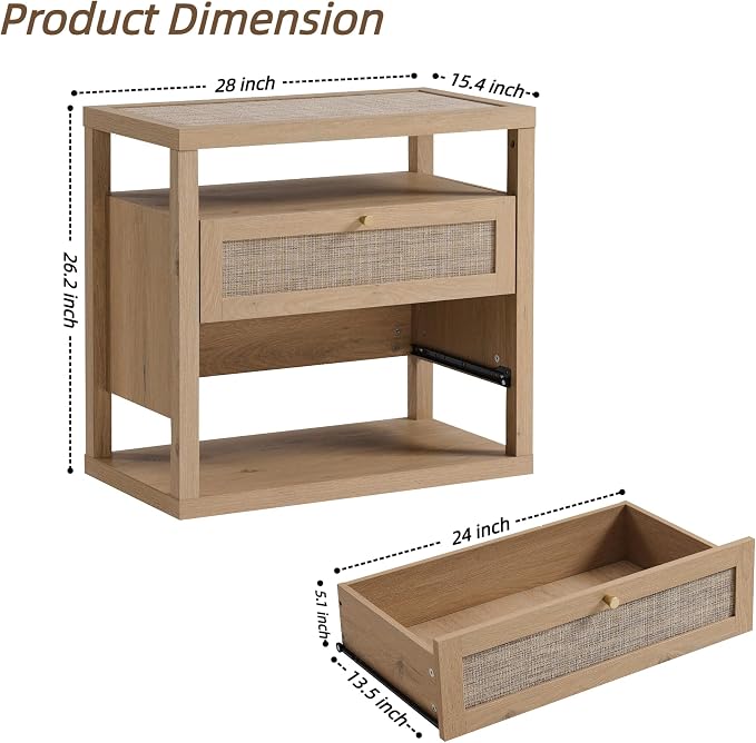 VividVibe Natural Oak Night Stand Set 2, Nightstand with Drawers and Storage Shelf - Rattan Boho Bedside Tables Large Nightstands Wooden Bed Side Table, Modern Farmhouse Accent Rustic End Table - Image 3