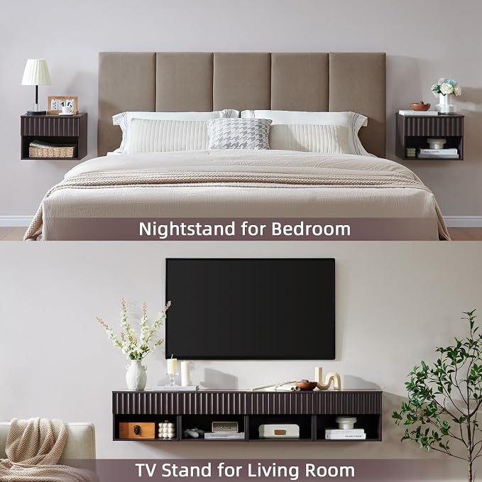 BuildHom Floating Nightstand with Fluted Drawer - Modern Wall Mounted Bedside Table with Open Storage Shelf, Small Night Stand TV Stand for Bedroom(Espresso, Set of 2) - Image 5