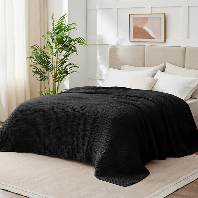 100% Cotton Muslin Blanket King 108" x 90", 6 Layers Breathable and Lightweight Cotton Throw Blankets for Bed, Soft Cooling Summer Gauze Blanket for Adults All Season, Black
