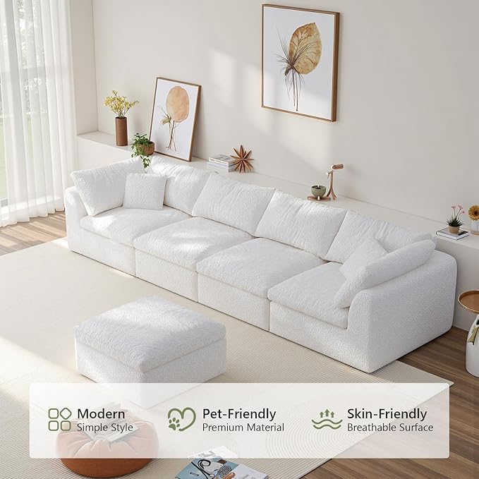 138" Modular Sectional Sofa Boneless Cloud Couch for Living Room, L Shape Deep Seat Recliner Sofa with Ottoman, Adjustable Backrest & 2 Throw Pillows - Covers Washable, (White, 4 Seater+1 Ottoman)