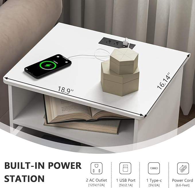 Night Stand with Charger Station, Modern Nightstand with USB Type-C Ports and AC Outlets, Large Bedside Table with 2 Drawers and Open Storage, Wooden End Table for Bedroom (White, 2 Drawers) - Image 4