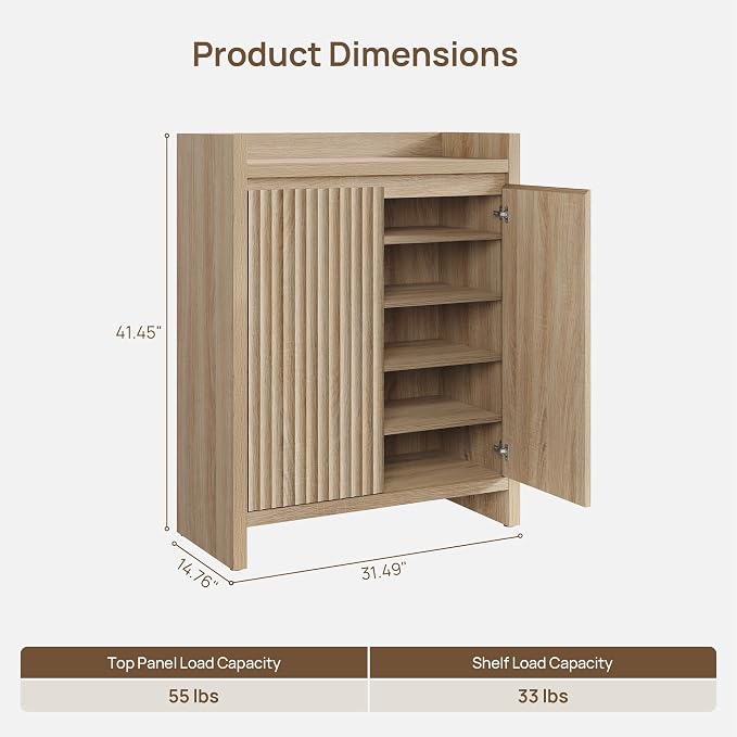 Sicotas Shoe Cabinet - Fluted Shoe Storage Cabinet with Thickened Panels for Entryway, 24-Pair Shoes Organizer with Doors & Adjustable Shelves, 6-Tier Shoe Rack Storage Cabinet for Hallway Living Room - Image 2